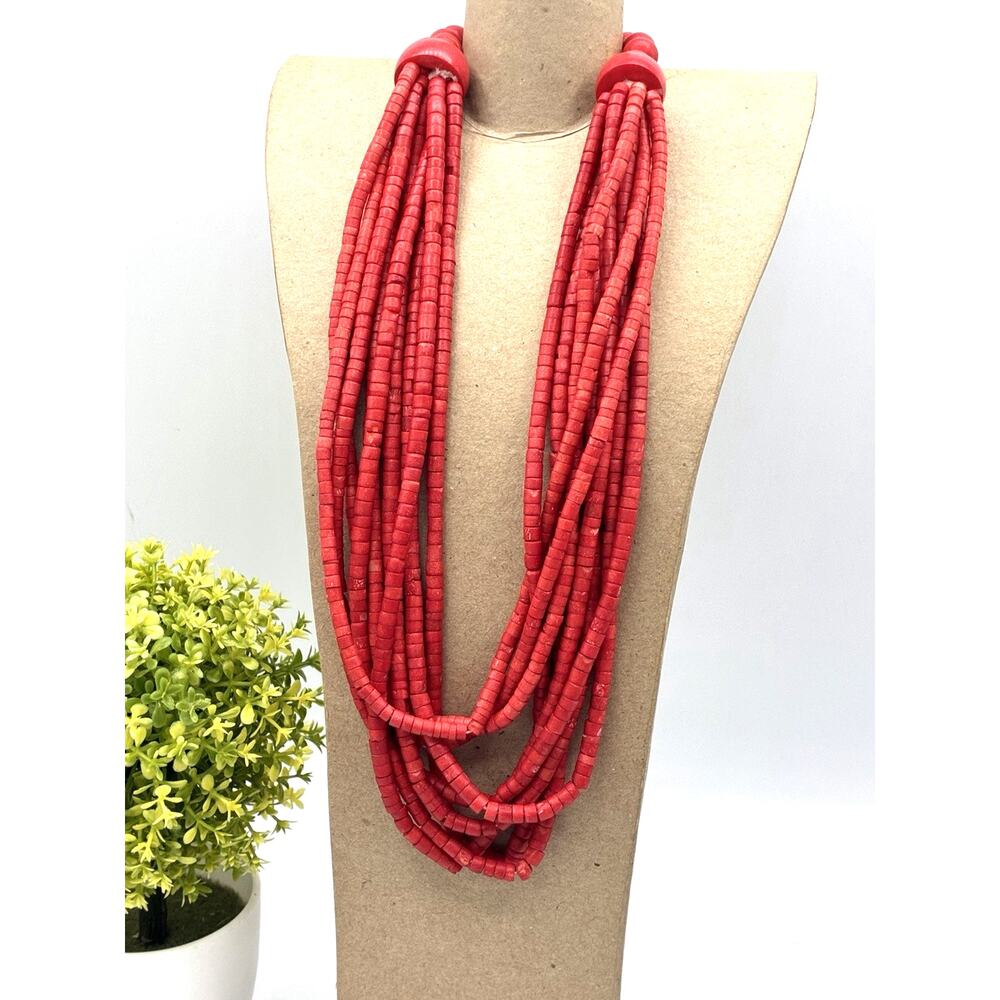 Vintage Red Multi Strand Heishi Bead Statement Necklace 21 Inch